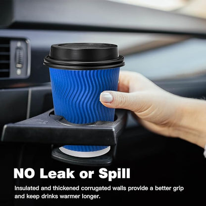 Ginkgo Disposable To Go Coffee Cups with Lids 12 oz 100 Pack, Double Wall Ripple Insulated Blue Paper Cups for Hot Beverage, Chocolate, Cocoa and coffee