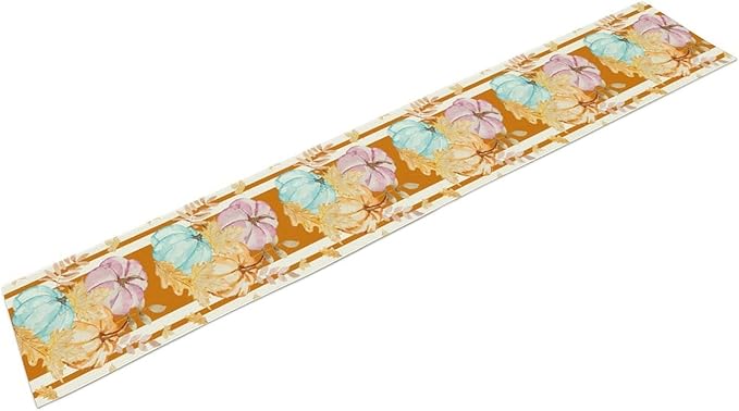 Watercolor Pumpkin Table Runner Rustic Farmhouse Autumn Plants Colorful Leaves Pastoral Harvest Theme Home Decor for Farmhouse Indoor Outdoor Party Holiday Dining Kitchen Restaurant Cafe W13xL72in