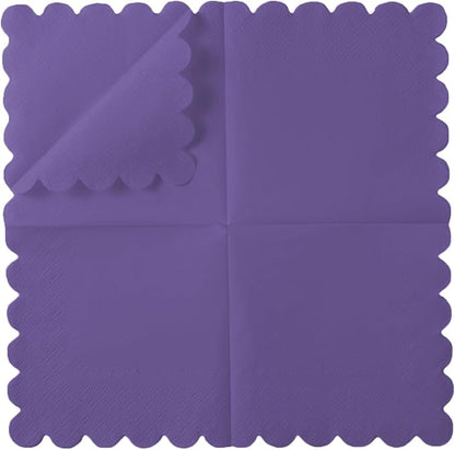 200 Pack Cocktail Napkin 2-Ply Scalloped Edged Dessert Napkins Folded 5 x 5 Inches Disposable Napkins for Dinner Wedding Birthday Party Bridal Anniversary Reception Event (Dark Purple)
