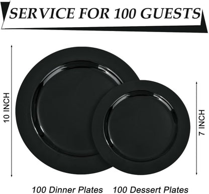 FLOWERCAT 200PCS Black Plastic Disposable Plates for Party - Black Plastic Plates - Serve for 100 Guests for New Year Parties and Birthday Events