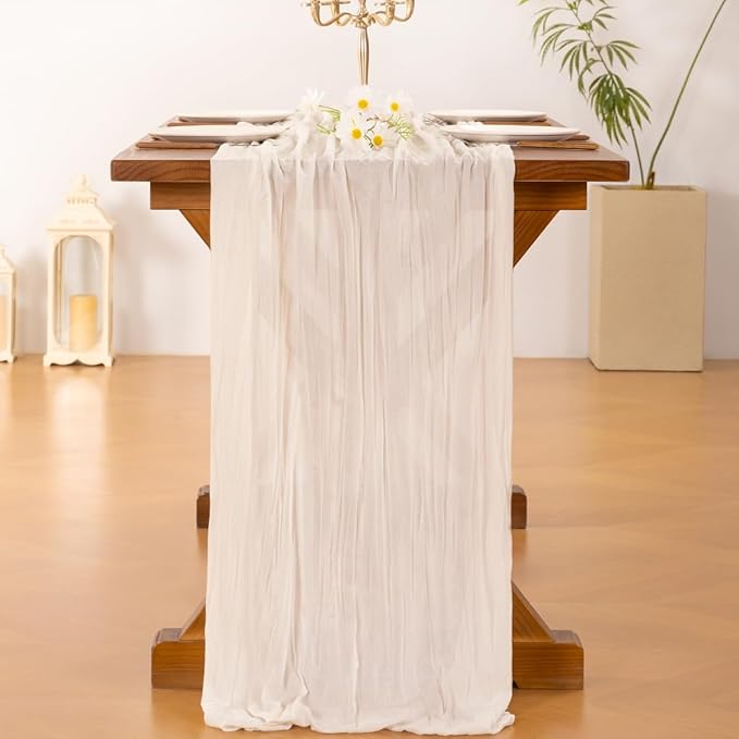Socomi 6pcs Ivory White Cheesecloth Table Runner Fall Thanksgiving Boho Rustic Gauze 120 inch 10FT Cheese Cloth Runner for Wedding Party Baby Shower Birthday Home Decor Holiday Decorations