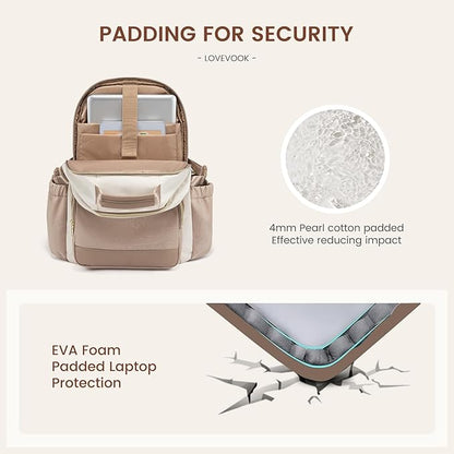 LOVEVOOK Laptop Backpack for Women with Pouch Pocket for Large Capacity Cup,17 Inch Laptop Computer Bag Travel Backpack Purse,Waterproof Work Business College Teacher Backpack,Beige-Nude-Logam Plum