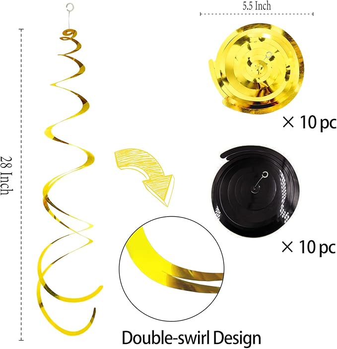 30Pc Gold and Black Party Party Swirl Decorations Foil Swirl Hanging Decoration Plastic Streamer for Ceiling 22 in