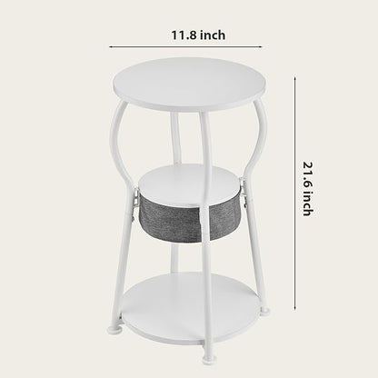 Small Round Side Table with Storage Bag, 3-Tier Accent Round End Table with Four Storage Functions for Living Room, 21.6" H Vintage Smalls Corner Table for Small Spaces Nightstand Bedroom