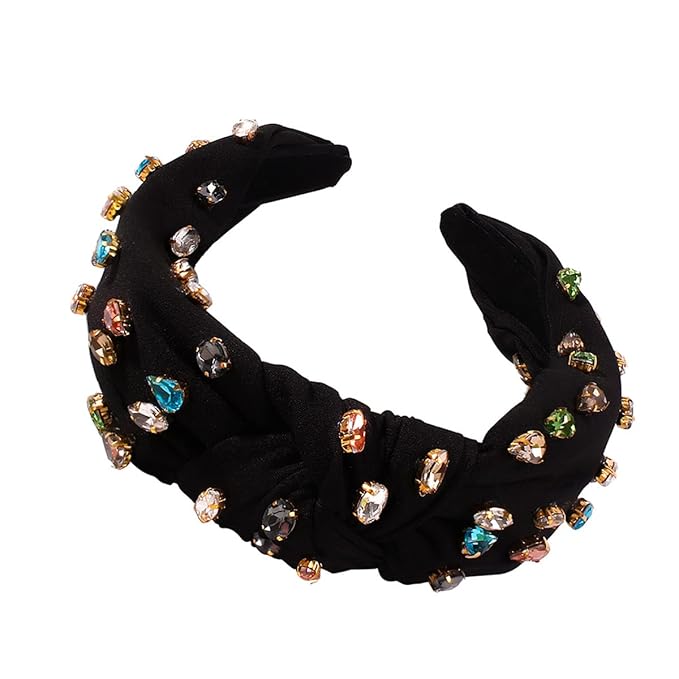 JILIYUPA Carnival Headband Rhinestone Cross Knotted Turban Hair Hoop Carnival Crystal Twist Velvet Wide Hairband Party Hair Accessory (white, Black)