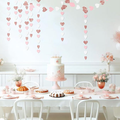 Rose-Gold Pink White Party Decorations - 52Ft Paper Streamers Women Girl Birthday Garland Baby Bridal Shower Banner Bachelorette Engagement Wedding Mothers Day Valentines Galentines Decor HongTongTong