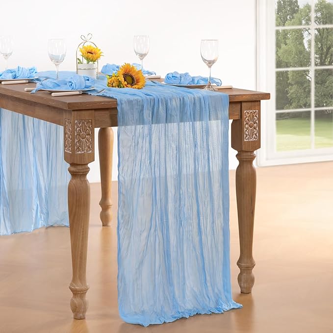 Baby Blue Cheesecloth Table Runner 10 Pack Christmas Table Runners Boho Gauze 120 Inches Light Blue Table Decor for Xmas Holiday Season Parties Wedding Bridal Baby Boy Shower Birthday