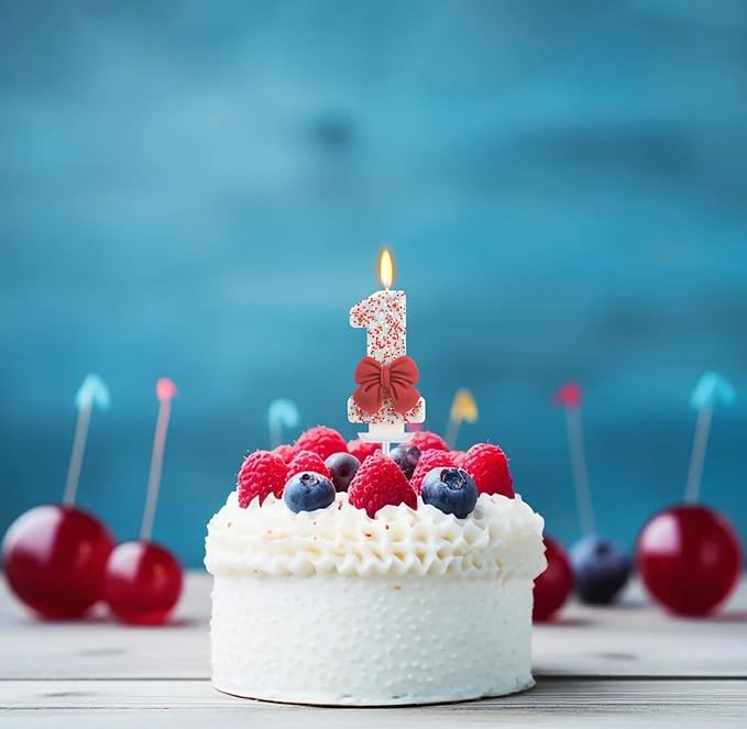 Birthday Candle for Cake, Red Bow Number Candles, 2.76 inch Cake Topper Decoration for Birthday Party (Number 1)