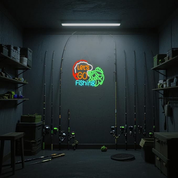 Lucunstar Let's Go Fishing Neon Sign Dimmable Fish Neon Light for Wall Decor LED USB Powered Fishing Hook Lights for Bedroom Living Room Man Cave Yacht Decor Men Gifts