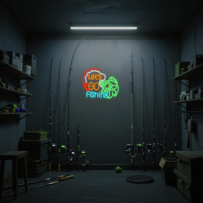 Lucunstar Let's Go Fishing Neon Sign Dimmable Fish Neon Light for Wall Decor LED USB Powered Fishing Hook Lights for Bedroom Living Room Man Cave Yacht Decor Men Gifts