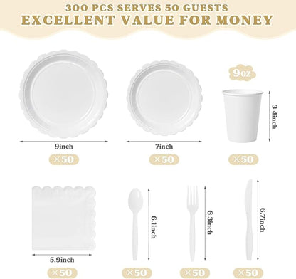 Vyntra 350 PCS Disposable Plates for Party, Paper Plates & Napkins Set with Cups, Knives, Forks, Spoons, 7'' Dessert and 9'' Dinner Plates for Wedding, Birthday, New Year’s Eve, Christmas - White