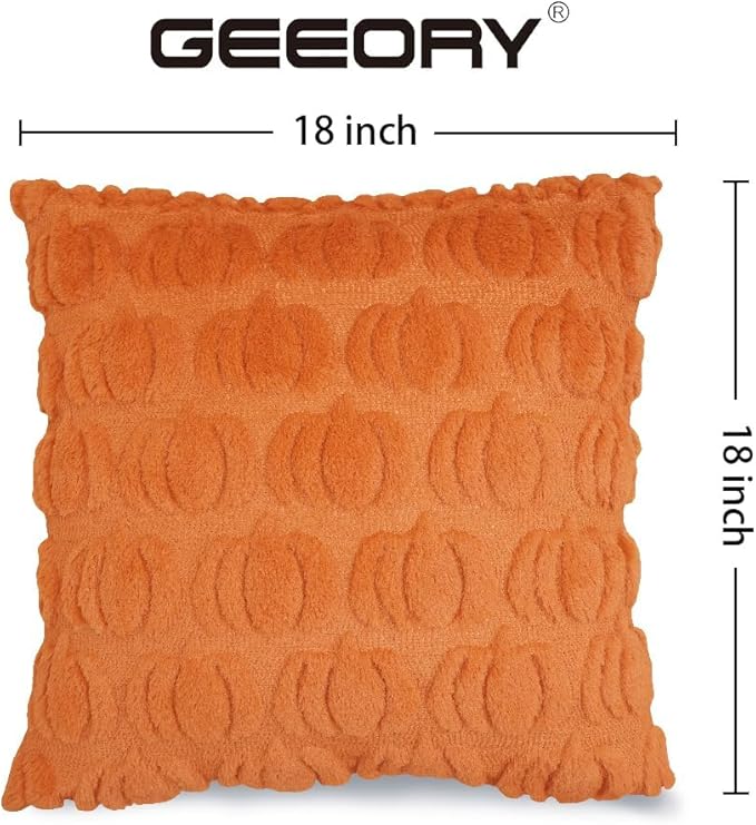 GEEORY Fall Pillow Covers 18 x 18 Inch Set of 2, Fall Decorations Pumpkins Soft Plush Fluffy Faux Fur Wool Decorative Autumn Farmhouse Cushion Case for Sofa Orange GC018-18