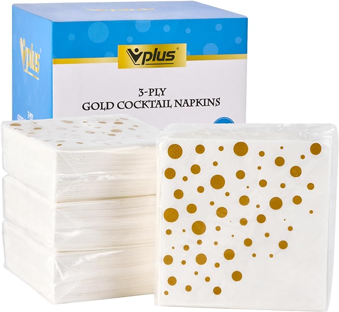 Vplus 200 Pack Cocktail Napkins Paper, 3-Ply Beverage Napkins, Disposable Gold Square Napkins, Perfect for Restaurant, Event, Bar, Wedding, Baby Shower and Birthday Party