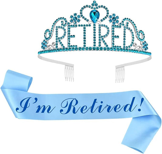 JETKONG Retirement Party Decorations Retired Tiara/Crown, Retired Sash for Women Retirement Gifts, Retirement Party Supplies, Gifts, Favors (Light Blue)
