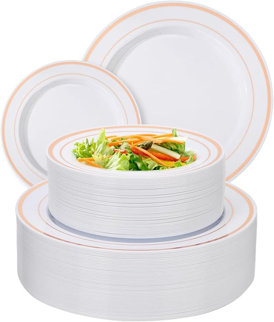 100PCS Rose Gold Plastic Plates Disposable Heavy Duty Include 50PCS 10.25inch Dinner and 50PCS 7.5inch Dessert Plastic Plates for Party Wedding Anniversary New Year