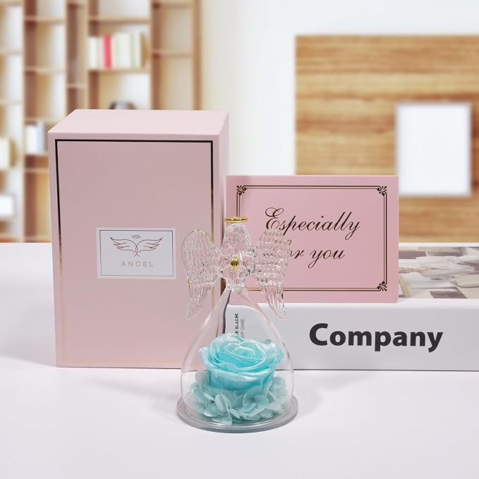Miofula Preserved Flower Rose Birthday Gifts for Mom, Angels Figurines with Forever Real Rose Gifts for Women Mom Grandma, Angels Gifts for Valentines Anniversary Mothers Day(Pearlescent Sky Blue)