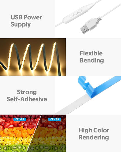 5V COB LED Strip Light for Bedroom 16.4FT USB LED Light Strip Warm White 3000K with Dimmer 320LEDs/M Flexible LED Tape Lights High Density Self -Adhesive for TV Mirror Cabinet DIY Indoor