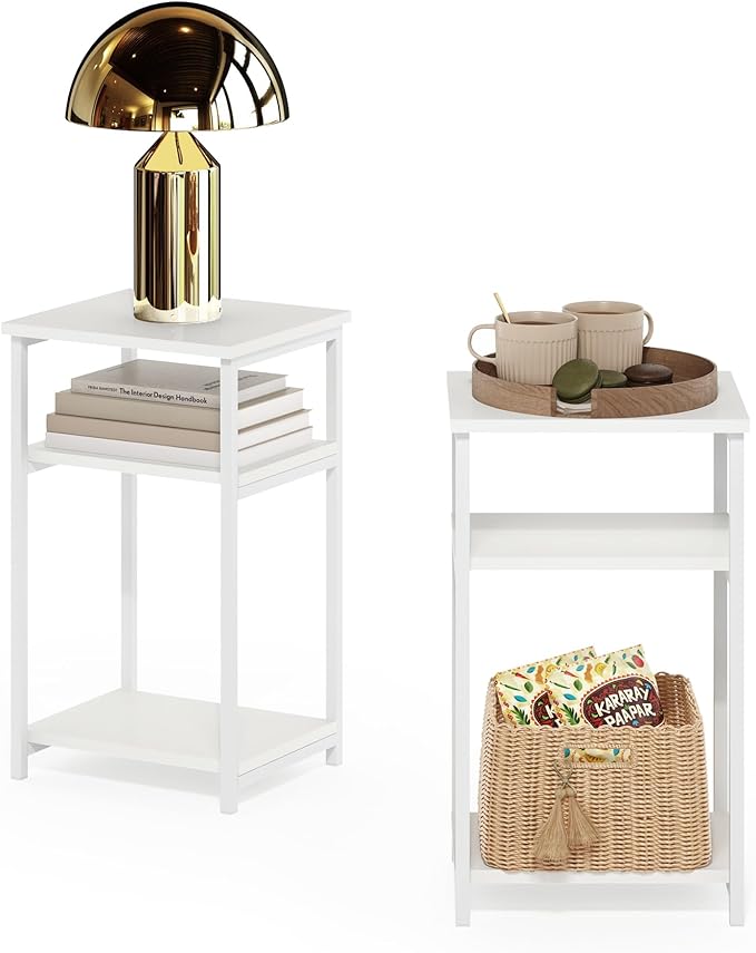 Furinno JUST Side Table Set of 2, 3-Tier Metal Frame Modern End Table with Open Shelf, Night Stand, Bedside Table, for Living Room, Bedroom, White