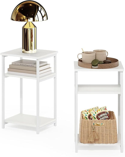 Furinno JUST Side Table Set of 2, 3-Tier Metal Frame Modern End Table with Open Shelf, Night Stand, Bedside Table, for Living Room, Bedroom, White