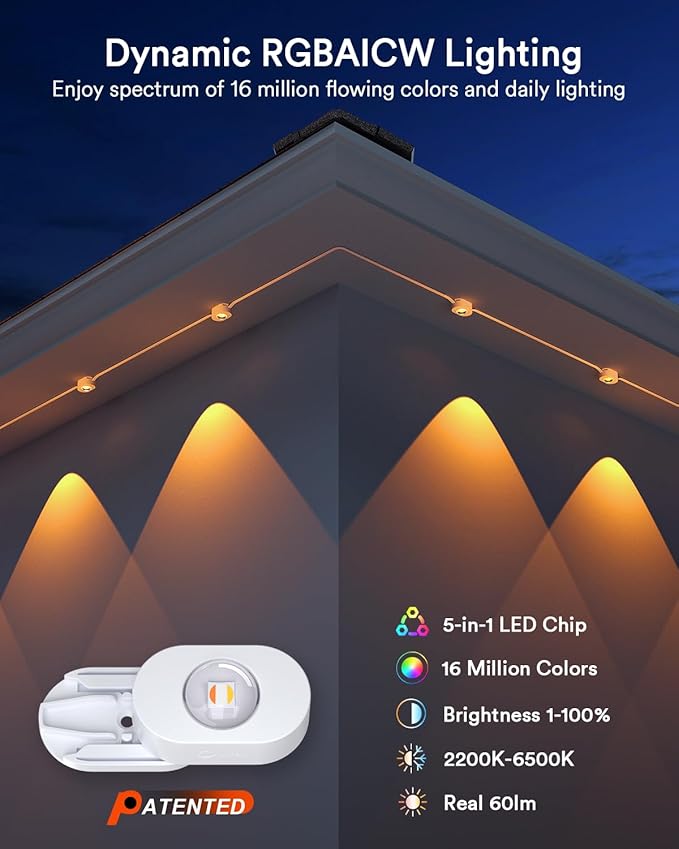 Lumary Permanent Outdoor Lights 2 with Remote, Slide-Base, 150ft with 90 RGBAICW LEDs 5400lm for House Daily & Accent Lighting, DIY 110+ Scene for Christmas Decor, Work with Alexa Google, White