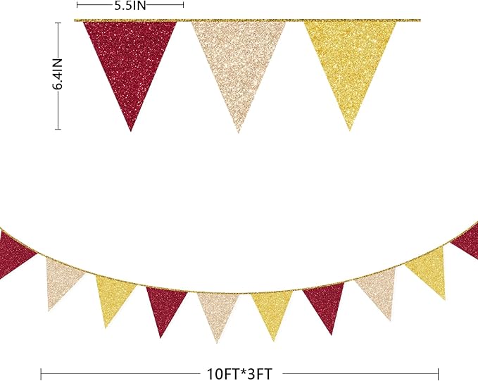 Maroon Gold Party Pennant Banner Flag Burgundy Champagne Gold Triangle Hanging Glitter Paper Bunting for Birthday Graduation Baby Shower Bridal Shower Wedding Bachelorette Engagement Party Decorations