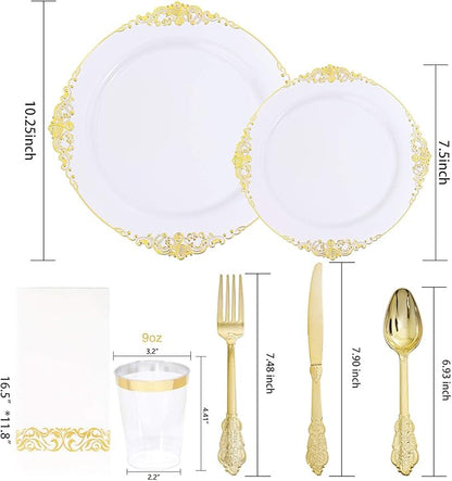 Nervure 175PCS White and Gold Plastic Plates - Disposable Dinnerware Set Include 50 Gold Plates for Dinner and Dessert, 75 Cutlery, 25Cups 25Napkins for Wedding & Party & Thanksgiving