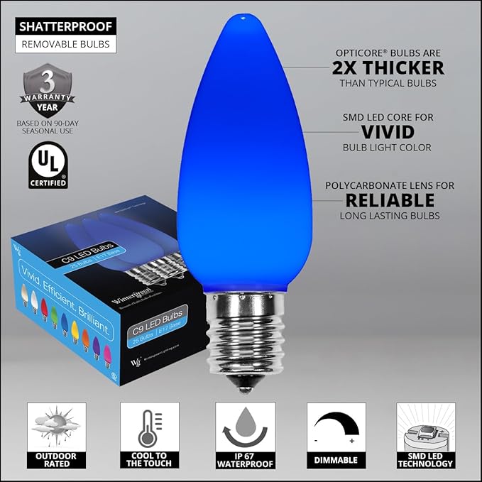 Wintergreen Lighting C9 OptiCore LED Commercial Outdoor Christmas Lights – Heavy Duty Christmas String Lights; Green Wire (25 Lights, 25 ft, Blue Smooth/Opaque)