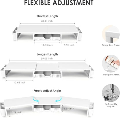 OPNICE Desk Organizers and Accessories, Dual Monitor Stand Riser with Drawer and 2 Pen Holders, Desk Shelf Metal Computer Racks for Office Workspace Organizers, Desktop Organization (White Metal)
