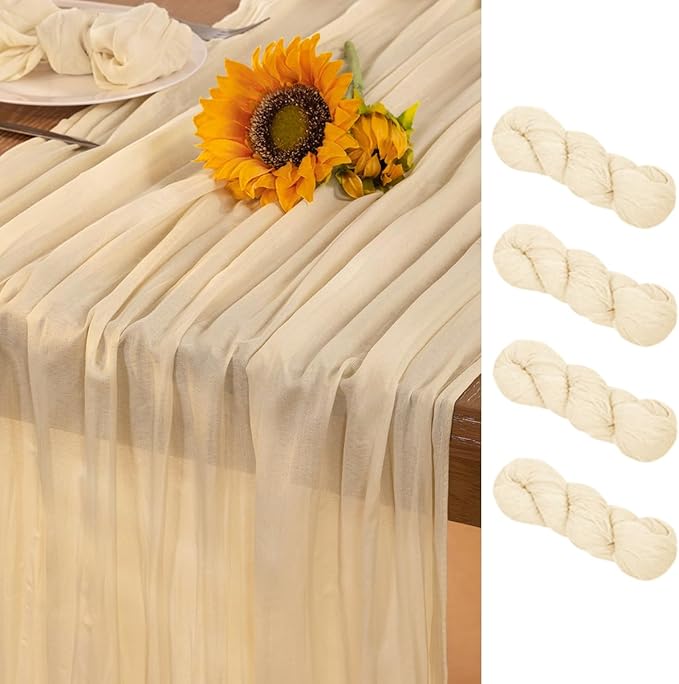 Beige Cheesecloth Table Runner 4 Pack Christmas Table Runners 120 Inches Boho Gauze Cream Cheese Cloth Table Decor for Xmas Holiday Season Parties Wedding Bridal Baby Shower