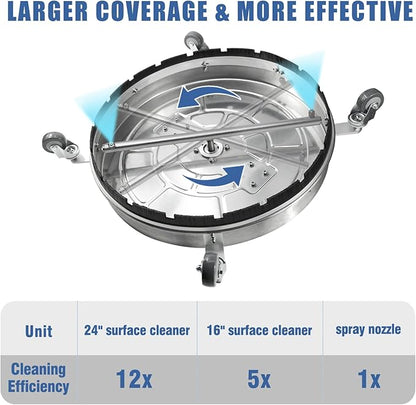 JANZ 24'' Pressure Washer Surface Cleaner with 4 Wheels,Dual Handle,Stainless Steel Housing, 4 Replacement Nozzle Cores and 2 Hose Adapters,Ideal for Driveways, Sidewalks,Patios,Decks Cleaning