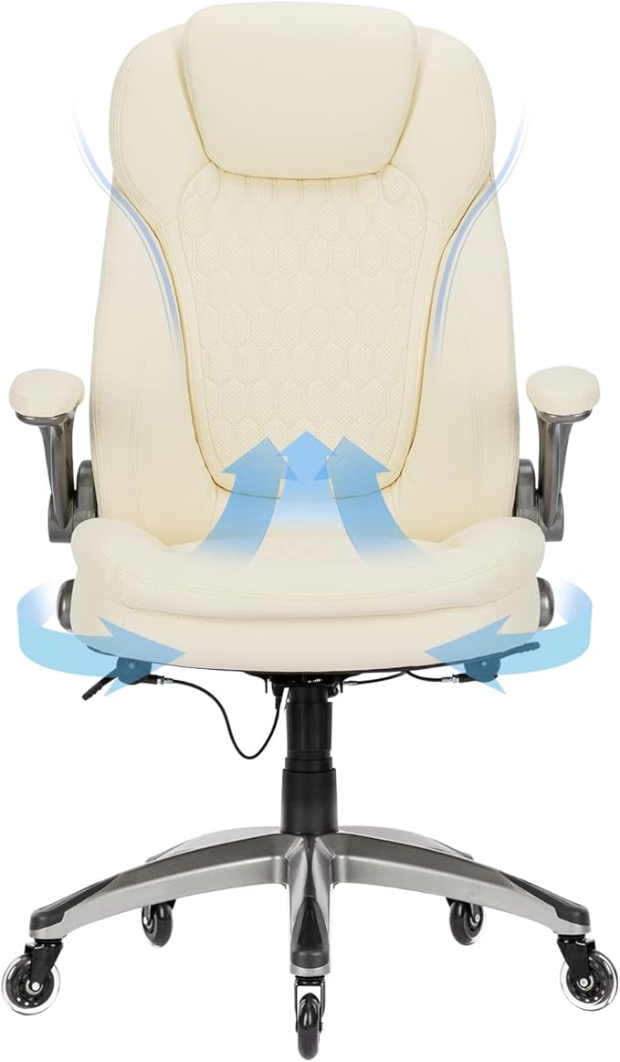 COLAMY Ergonomic Office Chair, Set of 2 Boxes, High Back Leather Desk Chair with Flip-up Arms, Adjustable Height & Rocking Function, Silent Wheels, Ivory Executive Computer Chair, 300lbs Capacity
