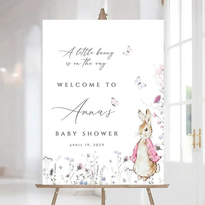 Personalized Bunny Rabbit Baby Shower Welcome Sign for Girl, Pink Peter Rabbit Theme, Greenery Bunny baby shower sign, Gift for Boys & Girls, Gender Reveal Decor, Birthday Party Favors (Style 6)