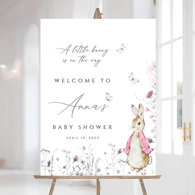Personalized Bunny Rabbit Baby Shower Welcome Sign for Girl, Pink Peter Rabbit Theme, Greenery Bunny baby shower sign, Gift for Boys & Girls, Gender Reveal Decor, Birthday Party Favors (Style 6)