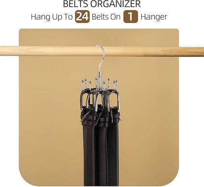 ZEDODIER Belt Organizer for Closet, Heavy-Duty Rotating Belt Hanger Rack Holds up to 24 Belts, Hanging Space Saving Metal Belt Holder for Closet Storage, Silver