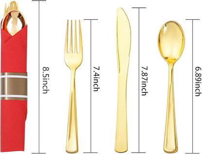 Nervure 400PCS Pre Rolled Gold Plastic Silverware Sets - Heavy Duty Gold Cutlery - Include 100 Pack Wrapped Disposable Utensils with Red Napkins for Christmas & Party & Wedding