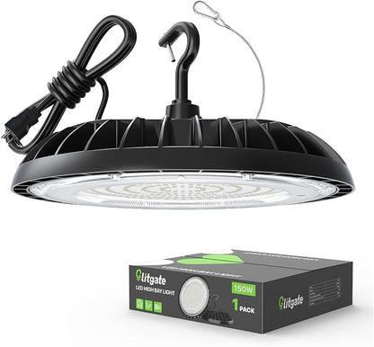 Glitgate LED High Bay Light 150W, 21000lm 5000K UFO Led High Bay Light(600W MH/HPS Equiv.), Commercial Bay Lighting with 5ft Cable US Plug for Garage Shop Barn Warehouse