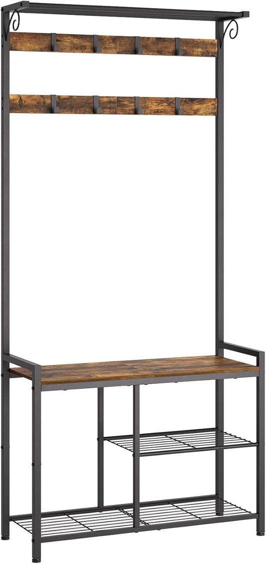 Coat Rack Shoe Bench, 4-in-1 Hall Tree with Storage Shelves and Hanging Rod, Entryway Storage Organizer with 8 Movable Hooks, for Entryway, Hallway, Corridor, Rustic Brown and Black MT12BR