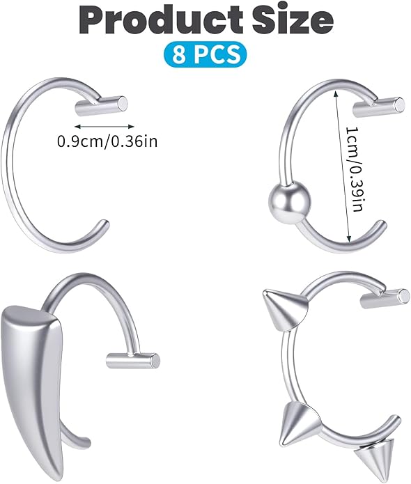8pcs Adjustable Fake Lip Piercing Vampire Teeth Ring for Halloween,3D Fake Lips Ring Set, Stainless Steel Non-Piercing Lip Cuff Jewelry for Men and Women, Silver
