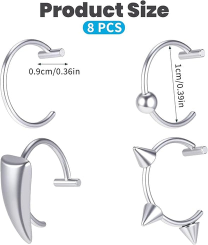 8pcs Adjustable Fake Lip Piercing Vampire Teeth Ring for Halloween,3D Fake Lips Ring Set, Stainless Steel Non-Piercing Lip Cuff Jewelry for Men and Women, Silver