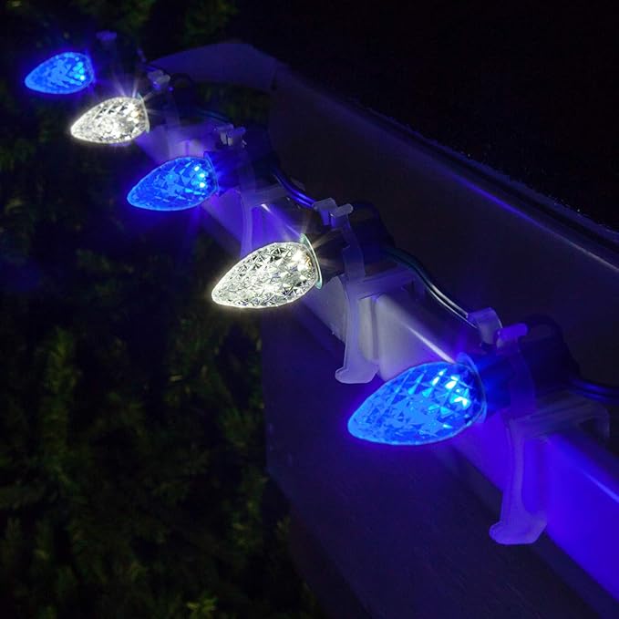 Wintergreen Lighting Set of 50 C7 Blue and White OptiCore Commercial Christmas Lights - Cool White and Blue Outdoor LED Bulbs on Heavy Duty 18 Gauge Green Wire (50 ft)