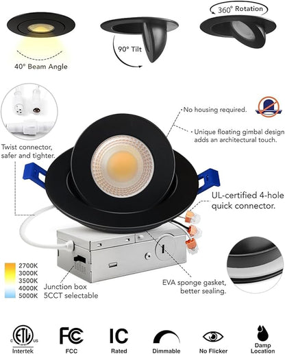 Adetu 4 inch 5CCT Gimbal Black Led Recessed Lights, 360°+90° Adjustable Directional Recessed Lighting, 2700K-5000K Dimmable Retrofit Eyeball Can Lights with Jbox, ETL&Energy Star(Black,1 Pack)