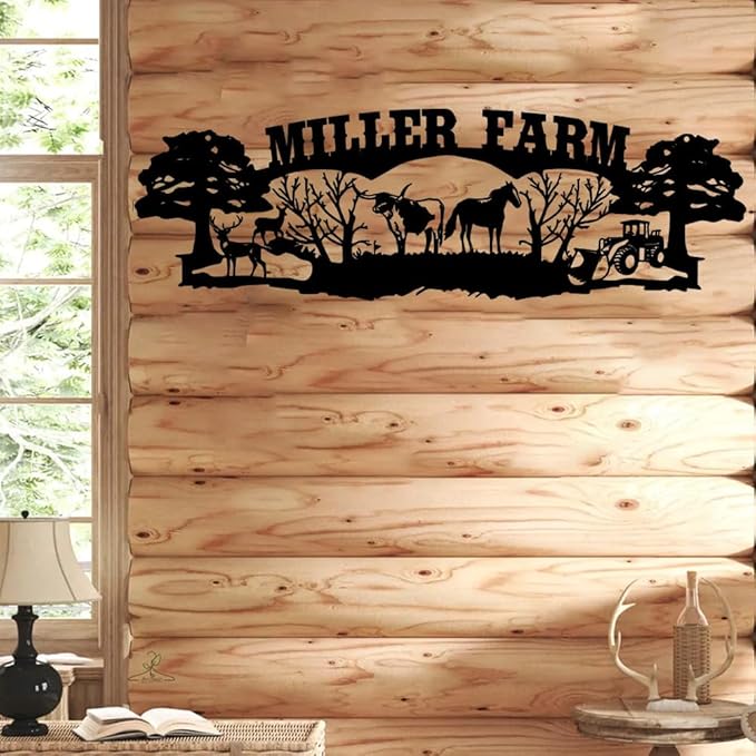 Personalized Farm Metal Sign, Custom Ranch Name Plaque with Cow, Horse, Deer and Tractor, Rustic Outdoor Barn Wall Art, Farmhouse Yard Décor, Gift for Farmers, Ranch Owners, Country Home