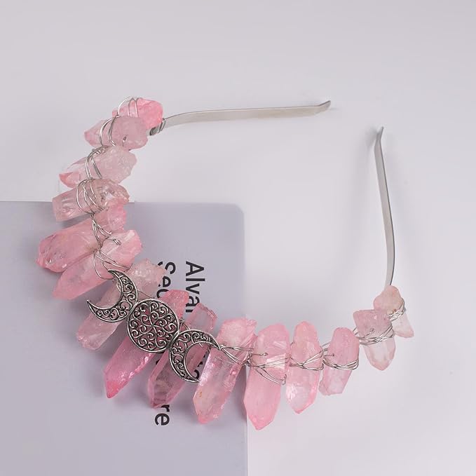 Raw Crystal Tiara Headbands, Natural Rhinestone Quartz Hair Band for Women Girls (pink)