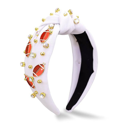 Football Headband for Women, Rhinestone Wide Jeweled Fashion Knotted Hairband for Game Day, Football Costume Sports Hair Accessories for Football Mom Cheer Fans Party Gift - White