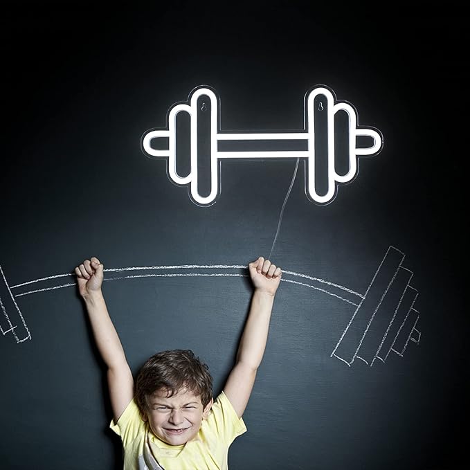 Lucunstar Gym Neon Sign Barbell Dumbbell Shaped Neon signs White Neon Lights Up Gym Wall Stickers for Fitness Club Decor LED Sign for Teen Girls Teen Sports Room Game Room Decor