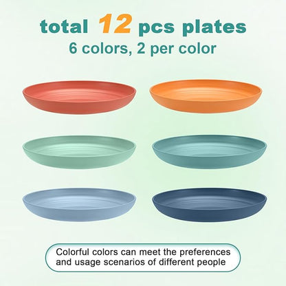 12 Pcs Unbreakable Deep Dessert Plates Set, 8 inch Reusable Plastic Wheat Straw Plates, Microwave and Dishwasher Safe Plate for Kitchen, Lightweight Plate for Dessert, BPA Free, 6 Colors