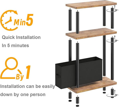 Apicizon Small Narrow Side Table, 3-Tier Skinny End Table for Small Spaces, Slim Nightstand with Fabric Basket, Bedside Table for Living Room, Bedroom, Rustic Brown and Black