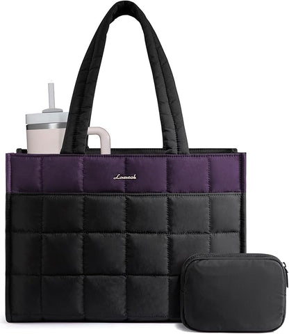 LOVEVOOK Tote Bag for Women, Puffer Work Handbag 15.6 Inch Laptop Purse for Nurse Teacher, Large Quilted Travel Tote Shoulder Bag with Zipper for College Office Clinical Gym, Purple-black