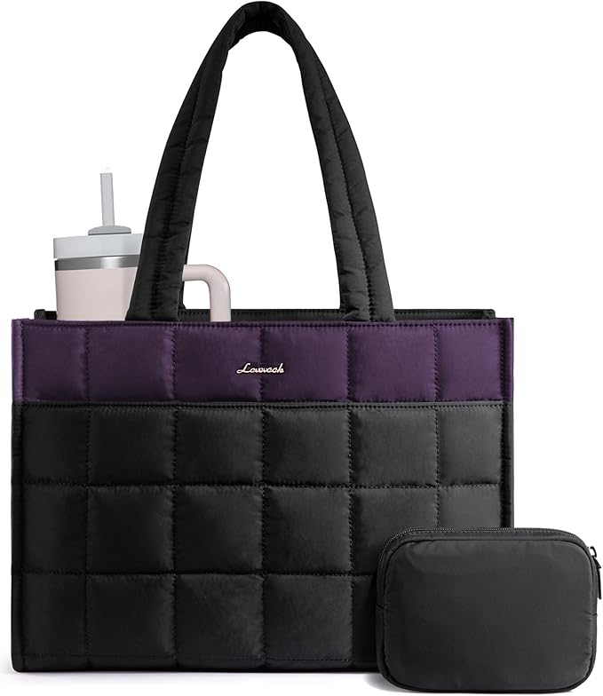 LOVEVOOK Tote Bag for Women, Puffer Work Handbag 17 Inch Laptop Purse for Nurse Teacher, Large Quilted Travel Tote Shoulder Bag with Zipper for College Office Clinical Gym, Purple-black