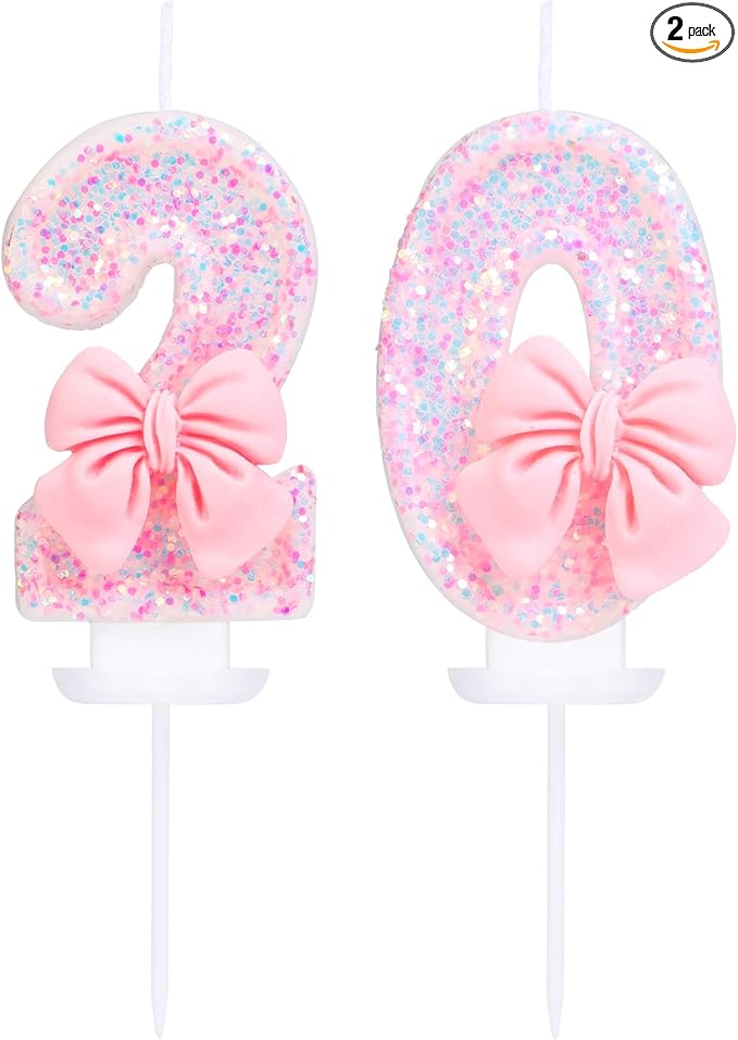 Number 20 Candle Pink Sequins and Bowtie 20th Cake Topper, 20 Birthday Candle for Girls Pastel Sweet Theme Birthday Party or Adults Milestone Age Decoration